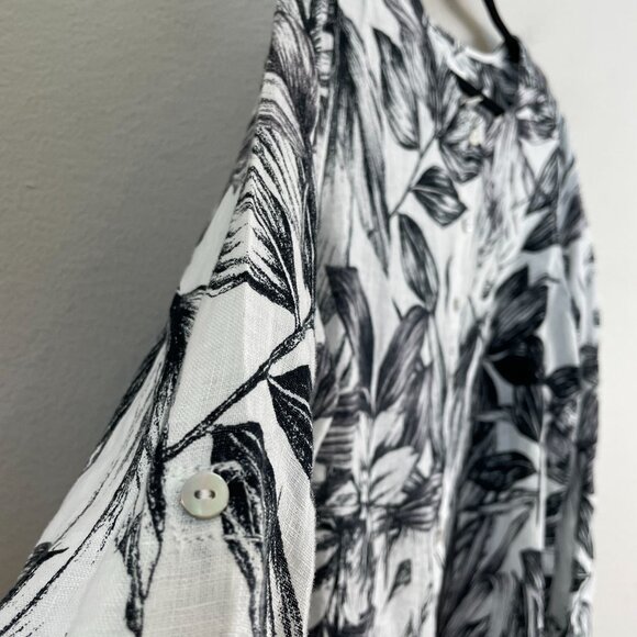 C&C California Womens Plus 1X 100% Linen Black White Floral Button Up Tunic Top - Picture 8 of 12